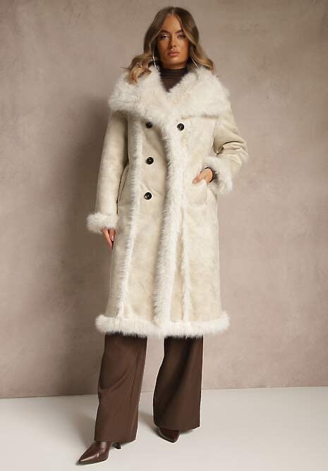 Beżowy Dwurzędowy Płaszcz Futerko o Dwustronnym Kroju z Kołnierzem Nalaneva
