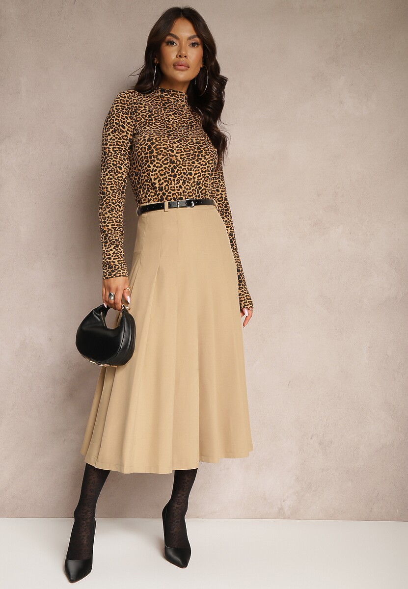 Beżowa Spódnica High Waist o Plisowanym Kroju z Paskiem w Talii Xeviana