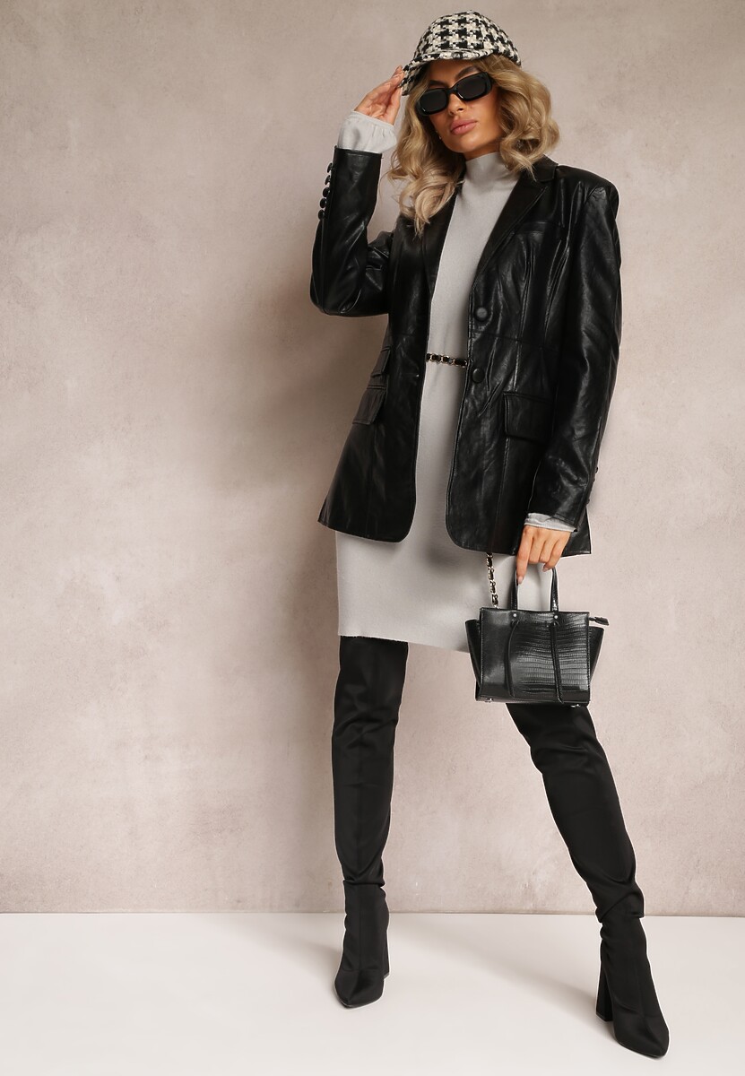 Jasnoszara Sukienka Mini Sweterkowa z Luźnymi Rękawami Falis