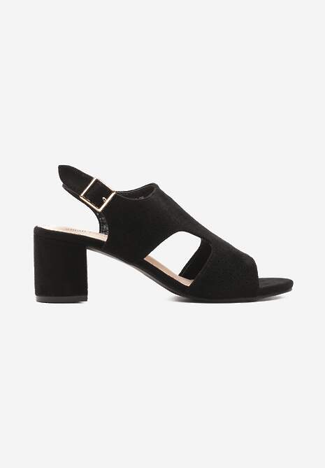 Czarne Sandały na Słupku Zapinane Wokół Kostki Ozdobione Perforacją Vierta