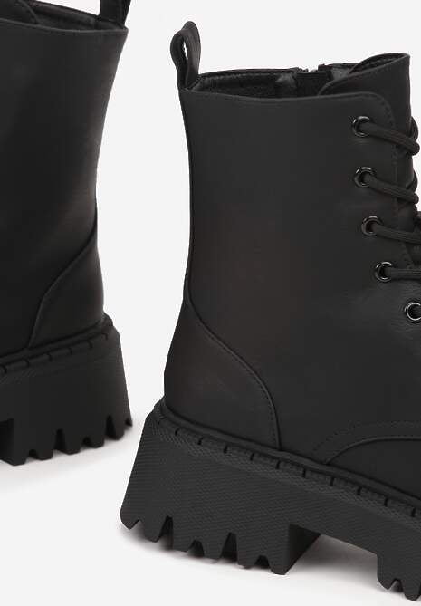 Czarne Sznurowane Botki na Platformie w Stylu Workerów Sairene