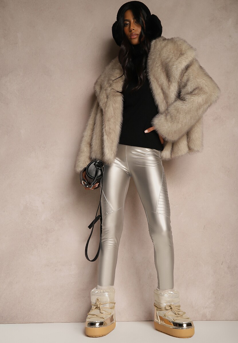 Brązowe Spodnie z Ekoskóry Skinny High Waist Ocieplane Polarową Wyściółką Lavimi