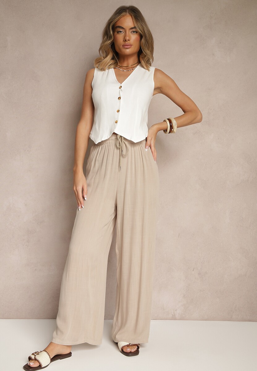 Beżowe Spodnie z Bawełny o Prostych Nogawkach z Gumką i Sznurkiem w Pasie Efrara