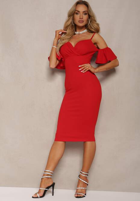 Czerwona Sukienka Bodycon z Falbankami przy Ramionach Oiberia