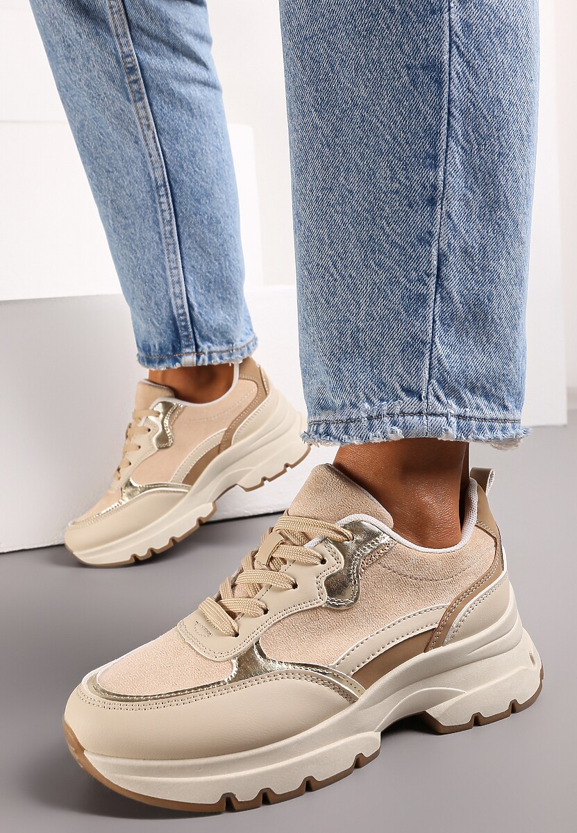 Beżowe Sneakersy na Grubej Podeszwie Ozdobione Metalicznymi Lamówkami Sawla