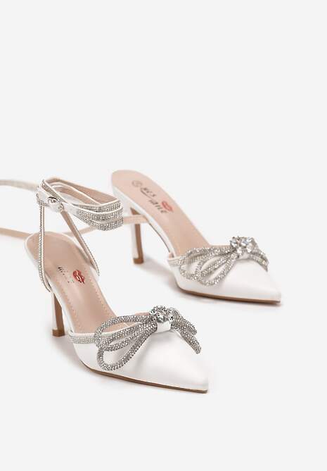 Białe Szpilki z Paskami i Kokardką w Cyrkonie Carolia