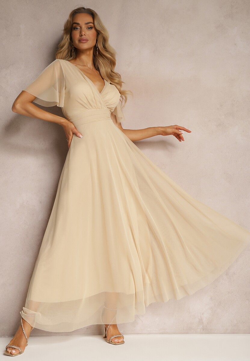 Beżowa Siateczkowa Sukienka z Kopertowym Dekoltem Wiązana w Talii Niblea