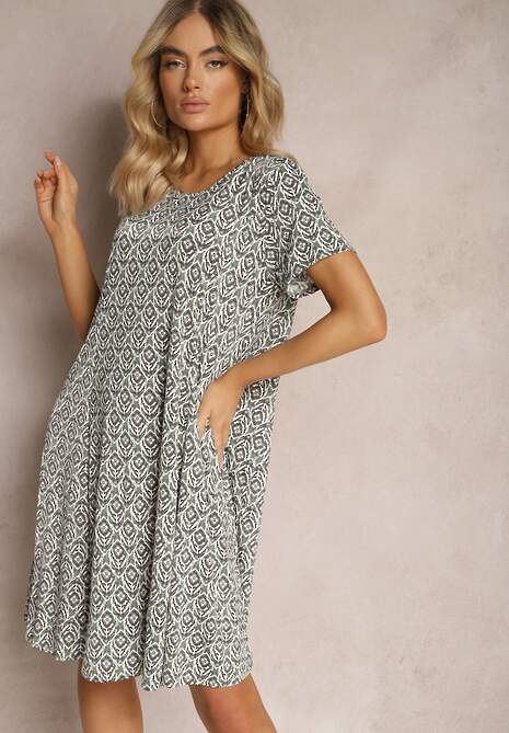 Zielona Wiskozowa Sukienka o Rozkloszowanym Fasonie z Ornamentalnym Wzorem Jasminas