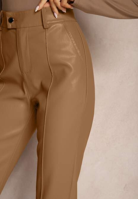 Jasnobrązowe Spodnie o Kroju Slim High Waist z Imitacji Skóry Iritharia