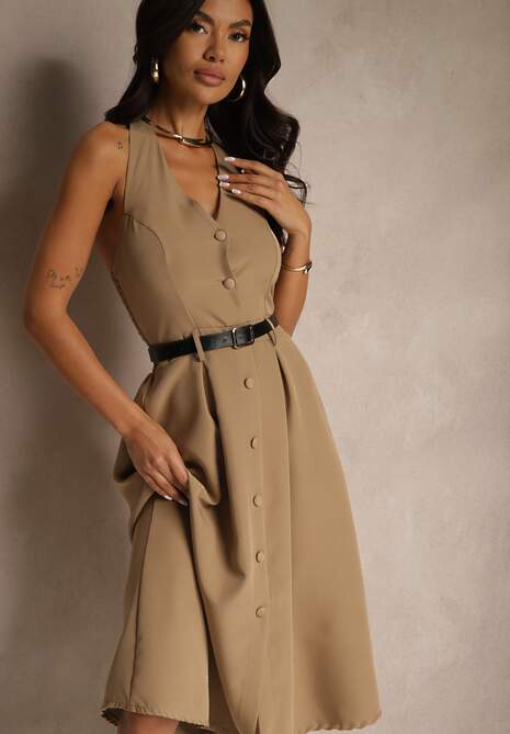 Ciemnobeżowa Rozkloszowana Sukienka z Guzikami Folunira