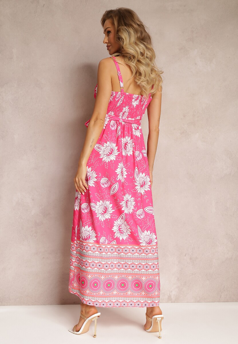 Fuksjowa Sukienka Maxi na Cienkich Ramiączkach i Rozkloszowanym Dołem z Falbanką Charlei