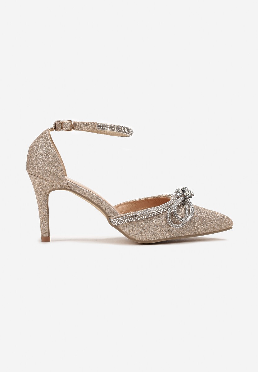 Złote Szpilki z Ekoskóry na Szpilce Ozdobione Kokardą i Cyrkoniami Dovanda