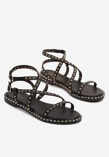 Czarne Sandały Typu Gladiatorki z Ozdobnymi Nitami Kiniteia