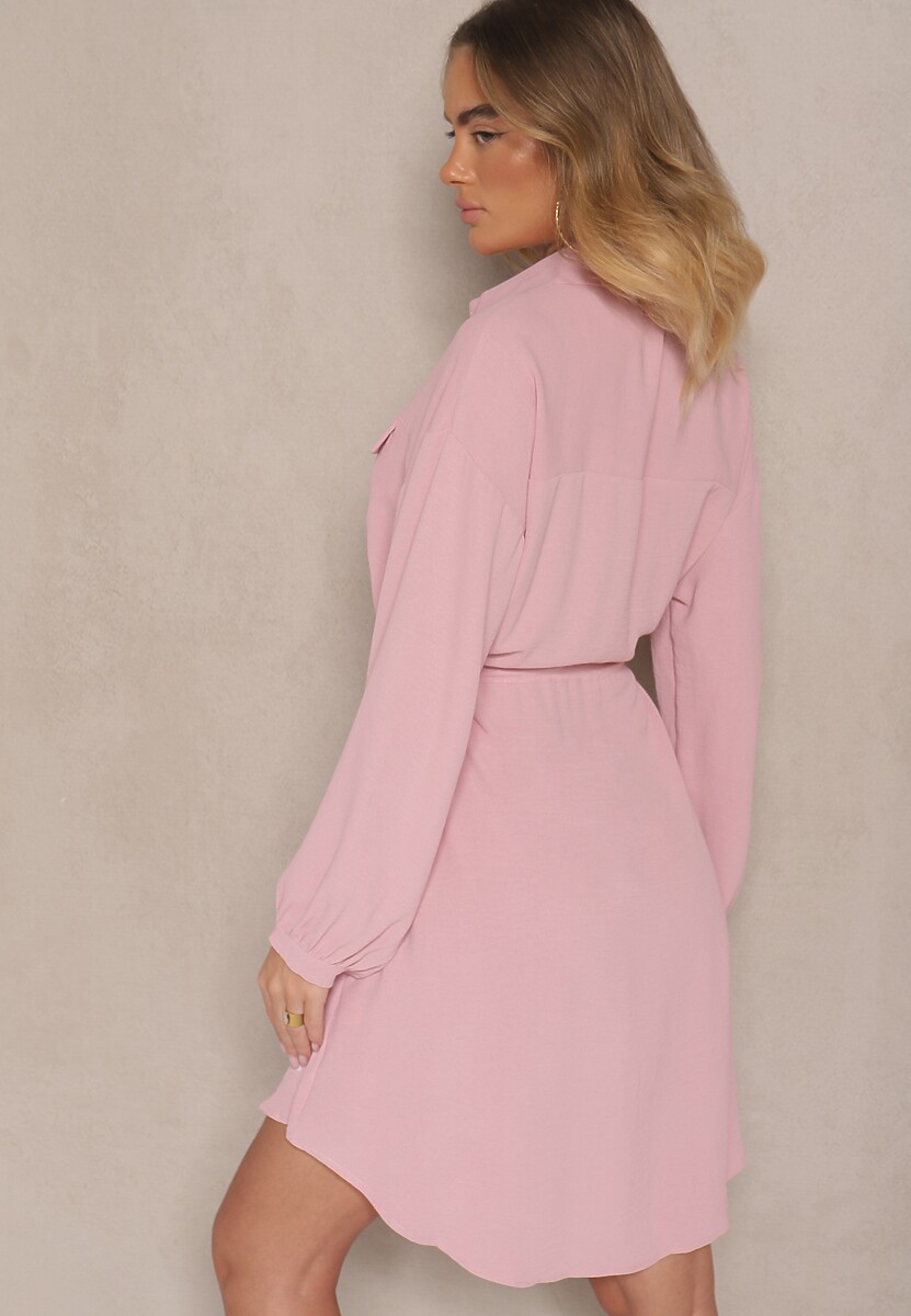 Różowa Sukienka Koszulowa z Bawełną Ozdobiona Wiązaniem Uladrisa