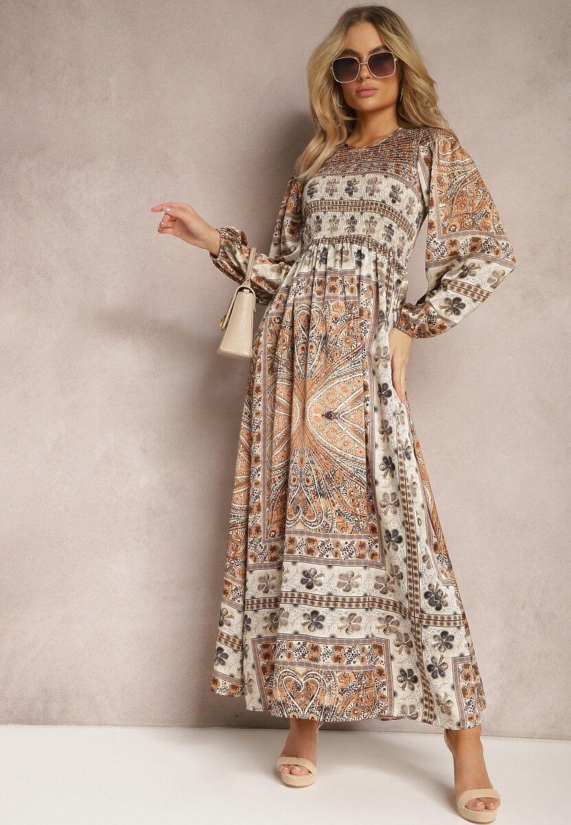 Beżowa Sukienka Maxi Boho z Bufiastym Rękawem i Rozkloszowanym Dołem Veltiana