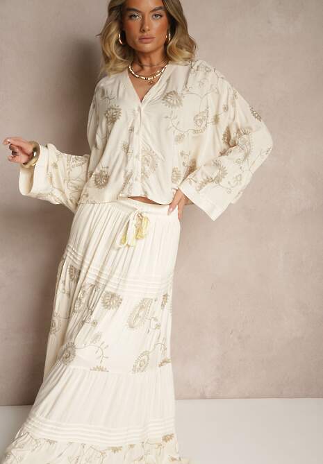 Beżowy Wiskozowy Komplet Boho z Koszulą o Nietoperzowym Kroju i Spódnicą Separia