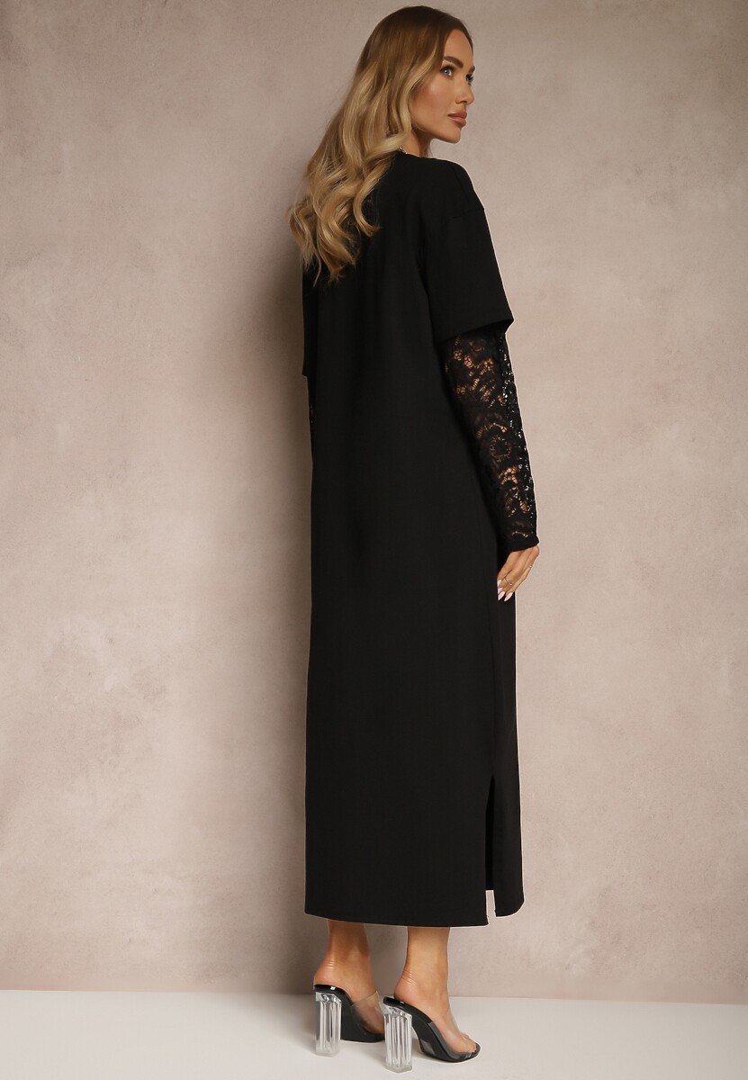 Czarna Sukienka z Bawełny o Kroju Typu T-shirt z Koronką i Rozcięciami Tanisla