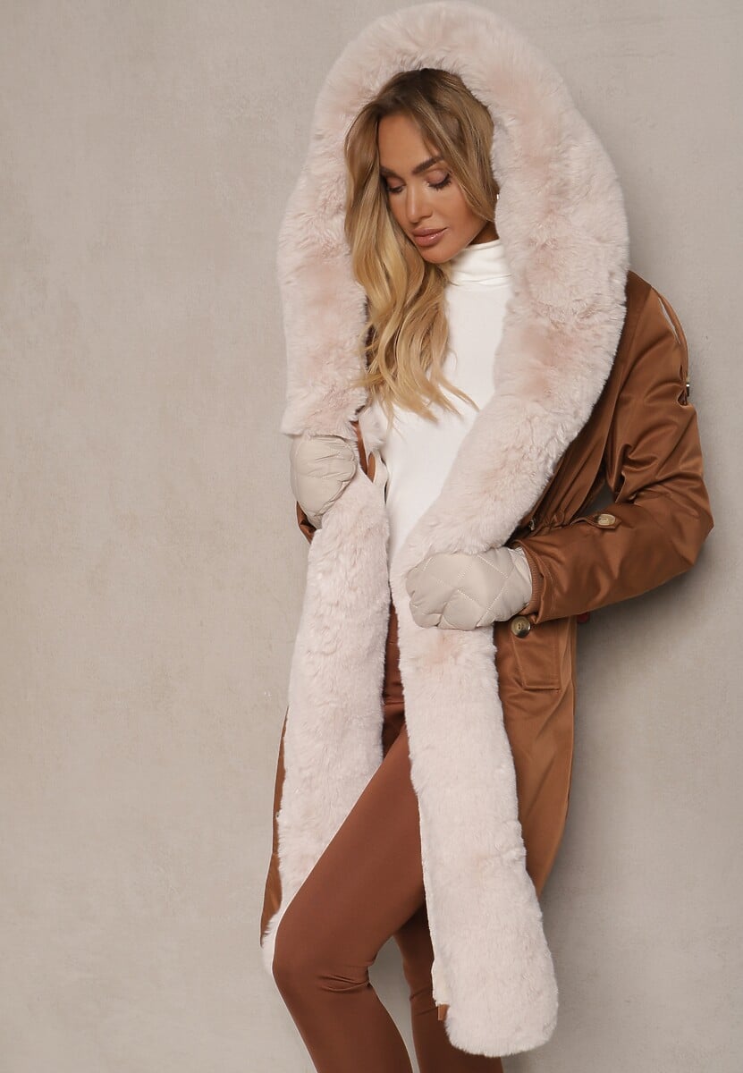 Brązowa Ocieplana Kurtka Parka z Kapturem i Ściągaczem w Pasie Semilaura