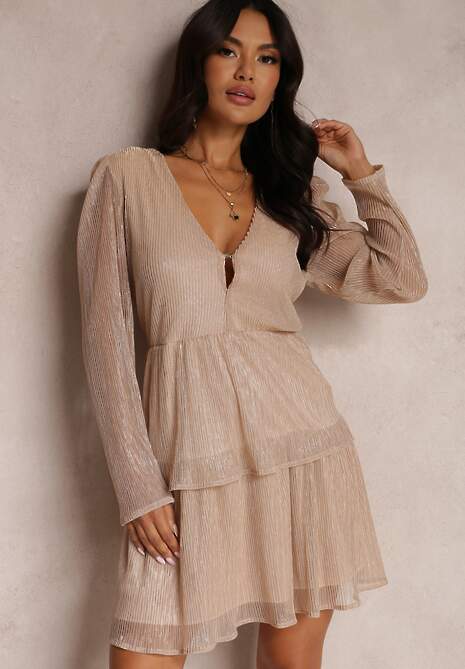 Beżowa Sukienka Rozkloszowana z Ozdobną Metaliczną Nitką i Falbankami Shajiha