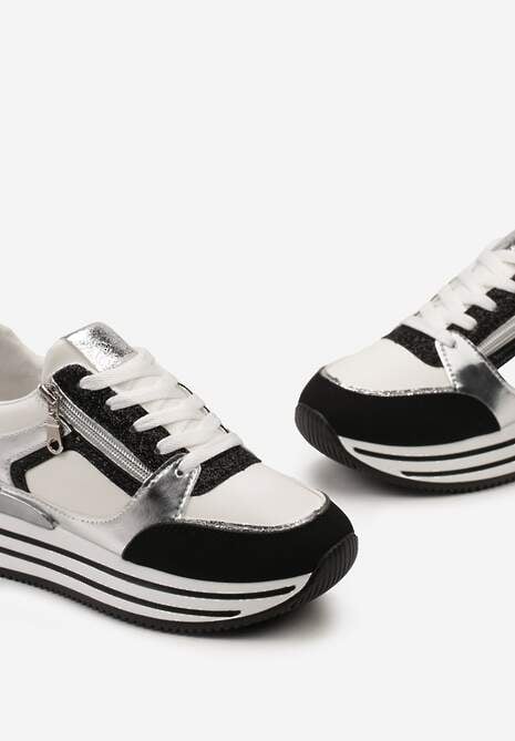 Czarne Sneakersy z Metalicznymi Wstawkami i Brokatem na Grubej Podeszwie Anova