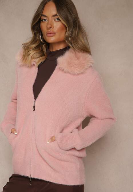 Różowy Zasuwany Kardigan z Wełną z Futerkowym Kołnierzem Asiste