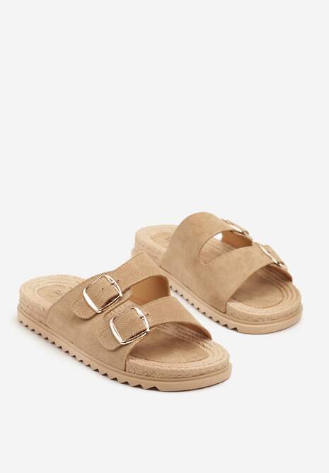 Ciemnobeżowe Wsuwane Klapki z Ozdobnymi Klamrami na Paskach Iabeaus