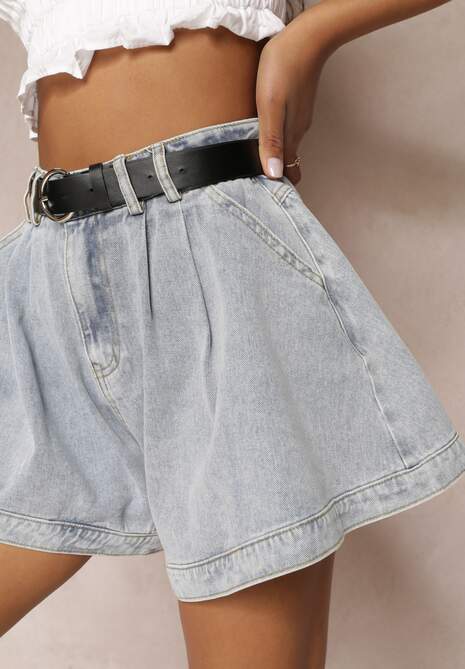 Jasnoniebieskie Szerokie Szorty Bawełniane z Paskiem w Komplecie Nishika