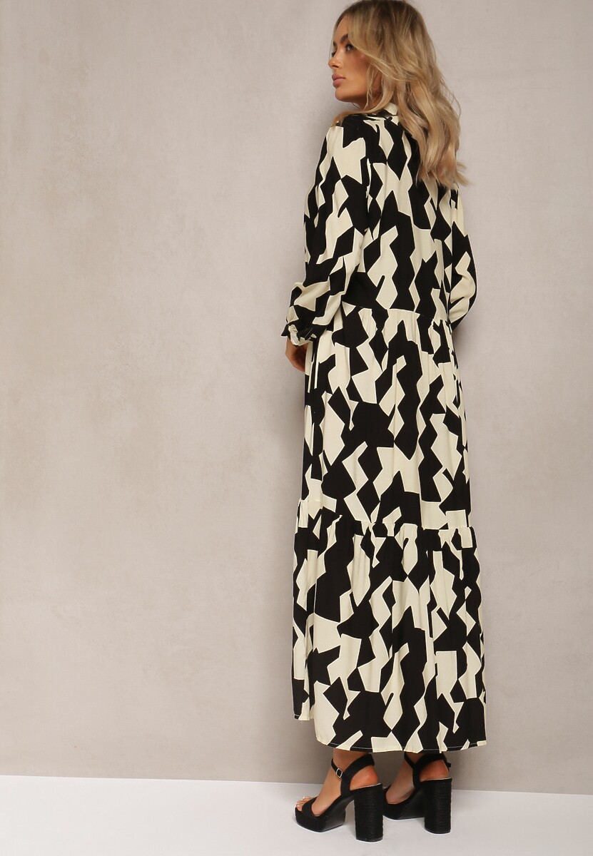 Beżowo-Czarna Koszulowa Sukienka Maxi w Geometryczny Wzór Qerida
