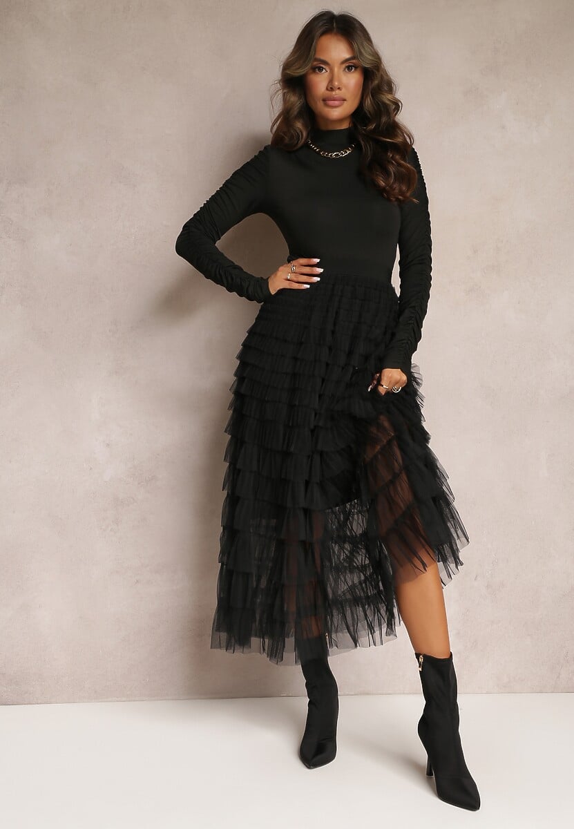 Beżowa Tiulowa Spódnica Maxi z Gumką w Pasie Oliviah