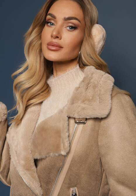Beżowa Kurtka Biker z Ozdobnym Futerkiem i Paskiem z Klamrą Emaro