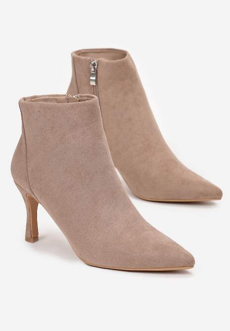 Ciemnobeżowe Botki z Zamkiem Błyskawicznym na Niewysokiej Szpilce z Imitacji Zamszu Ruriana
