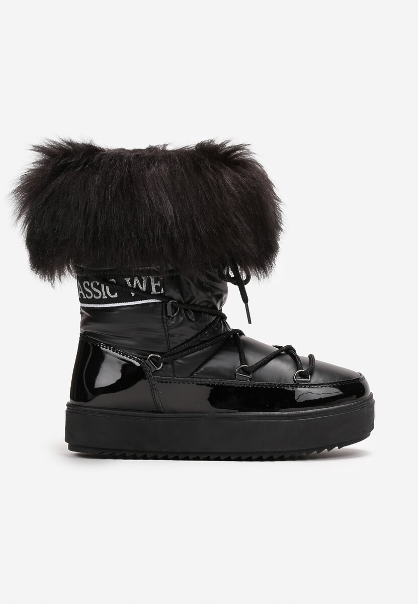 Czarne Sznurowane Śniegowce z Ozdobną Tasiemką z Napisem i Sztucznym Futerkiem Uwenia