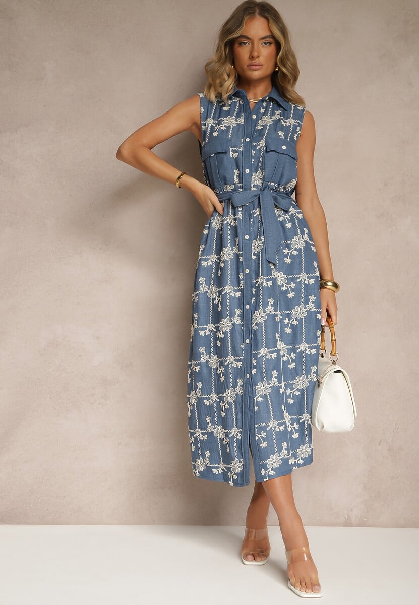 Niebieska Sukienka Koszulowa z Wiązanym Paskiem i Haftowanym Zdobieniem Malenea