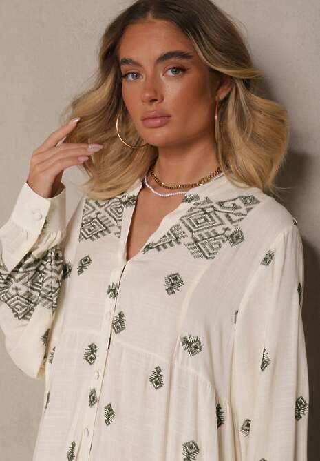 Biało-Zielona Rozkloszowana Sukienka Ozdobiona Haftem i Wzorem Boho Ronavere