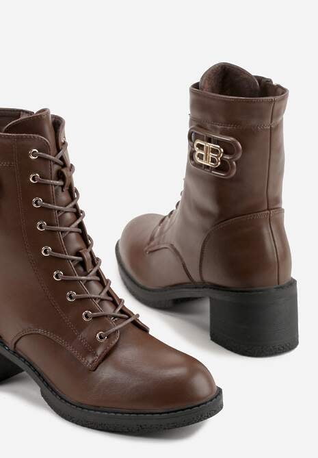 Brązowe Botki Vices o Fasonie Trzewików na Słupku Zdobione Aplikacją Nuvitte