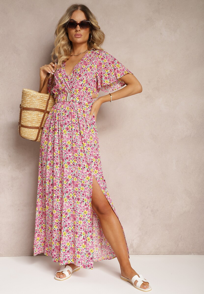 Różowa Kopertowa Sukienka z Wiskozy z Materiałowym Paskiem i Gumką w Talii z Rozcięciem Vikali