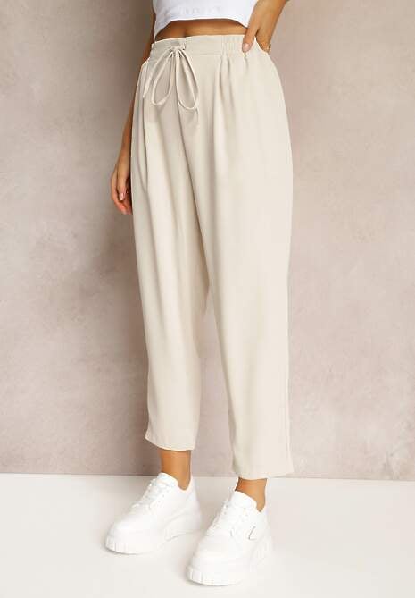 Beżowe Spodnie High Waist z Gumką i Troczkiem w Pasie oraz Kieszeniami Arlettia