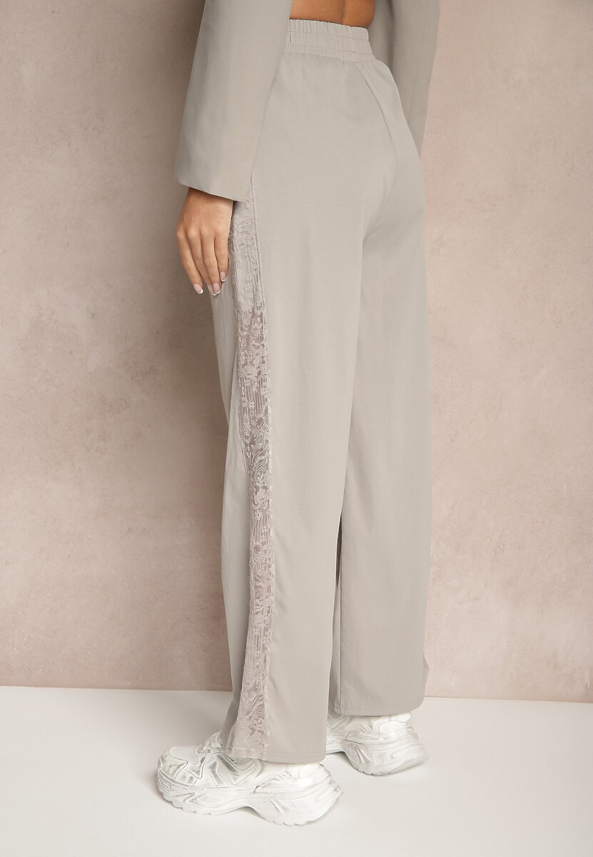 Jasnoszare Spodnie o Szerokim Kroju z Bawełną High Waist Ozdobione Naszywką Naneriela