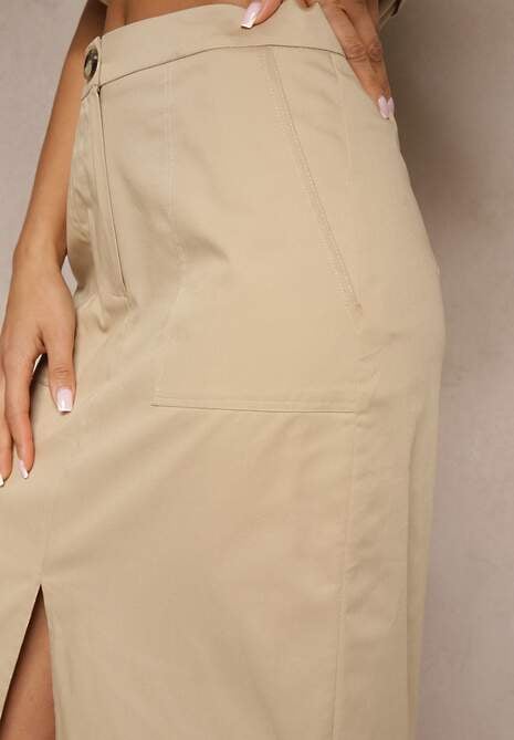 Beżowa Ołówkowa Spódnica z Bawełny High Waist z Rozcięciem z Przodu Aliselle