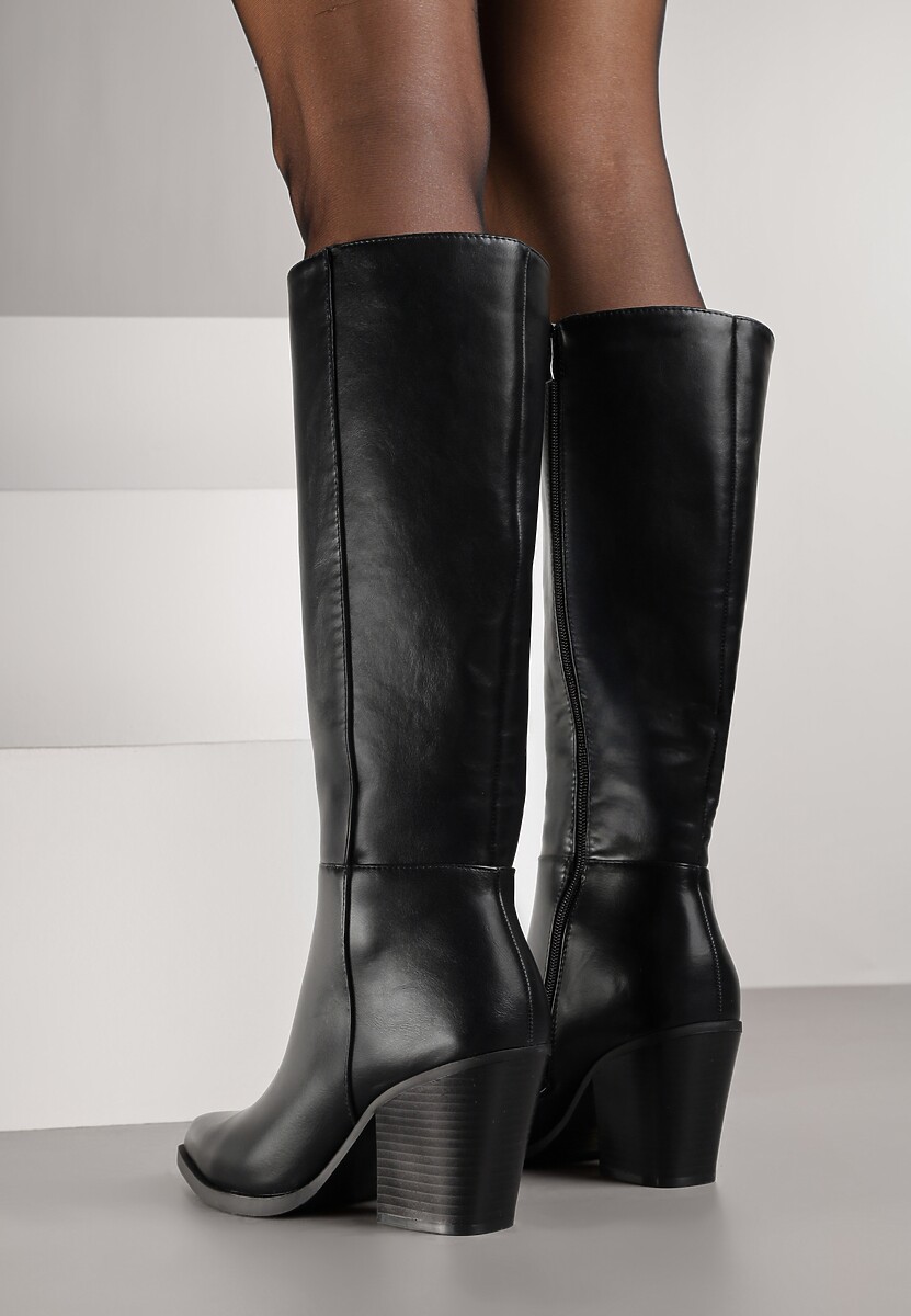 Czarne Kozaki do Kolana na Obcasie Typu Stożek ze Szpiczastym Noskiem Seorina