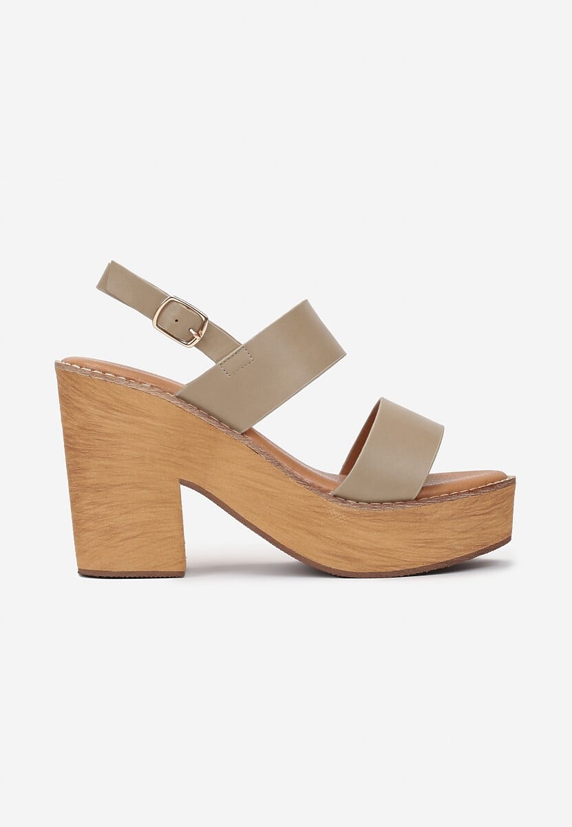 Ciemnobeżowe Sandały w Stylu Drewniaków na Słupku z Platformą Sohani