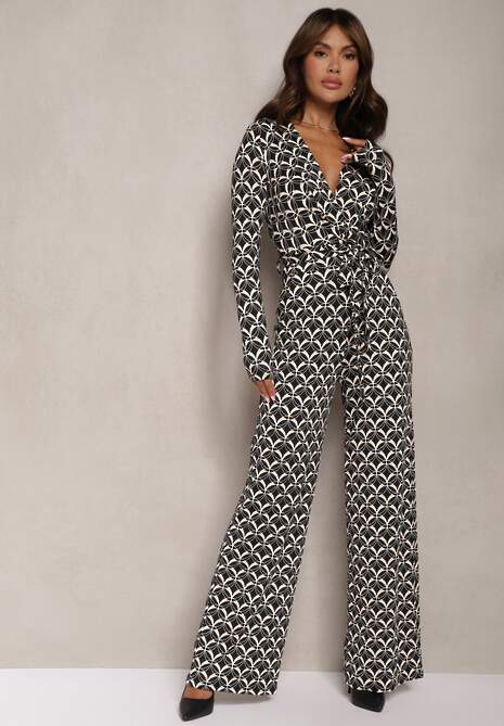 Czarny Kombinezon z Mozaikowym Wzorem z Dekoltem w Serek i Paskiem Inafil