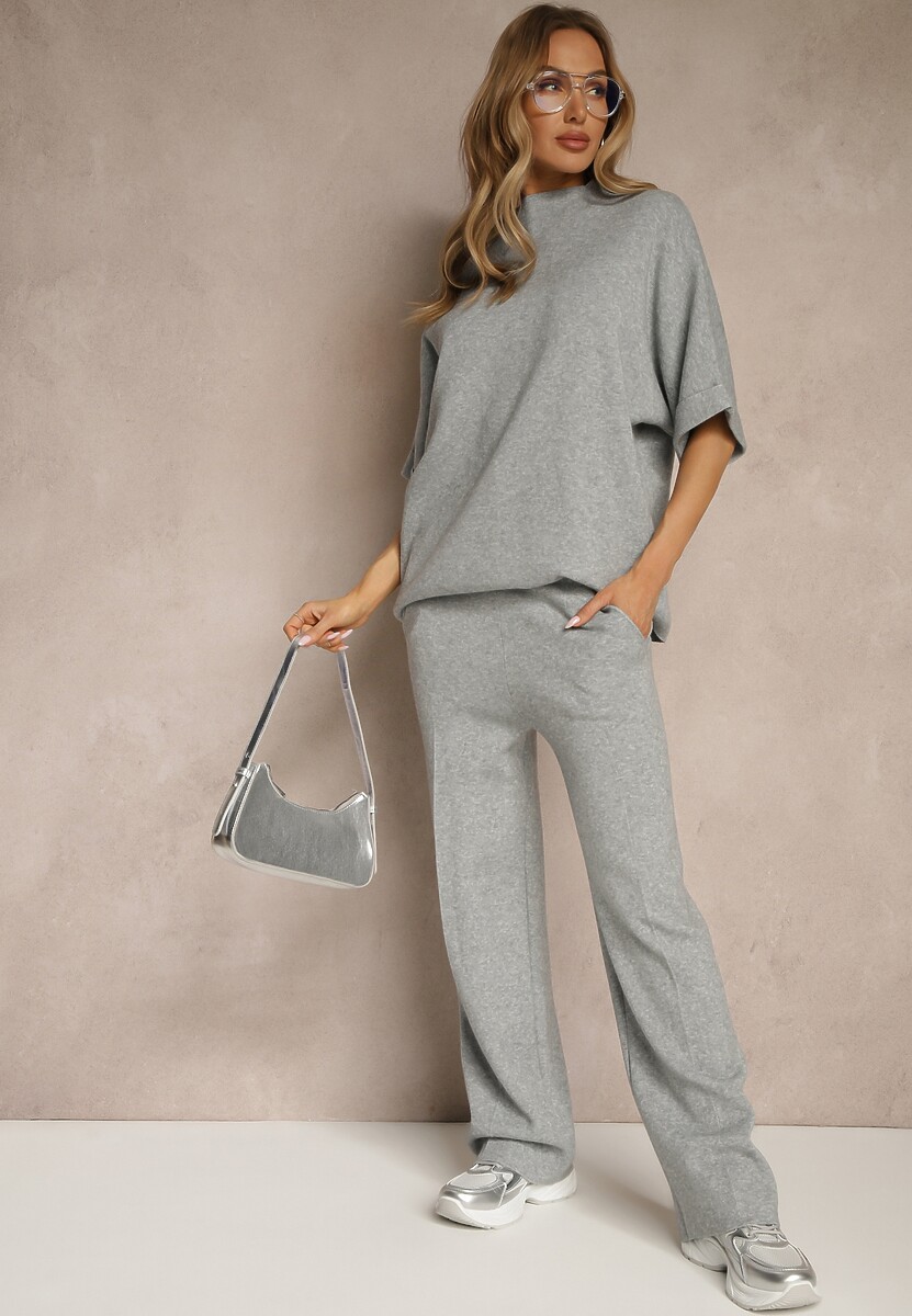 Jasnoszary Komplet z Wiskozą i Bawełną  Szerokie Spodnie i Sweter w Stylu Nietoperza Sassivra