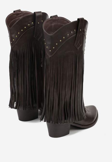 Brązowe Botki Kowbojki na Stożku z Cholewką z Ćwiekami i Frędzlami Elles