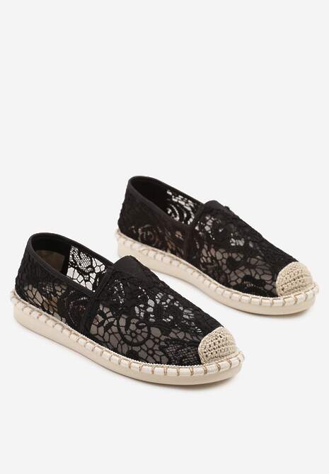 Czarne Espadryle z Plecionką i Koronką Merarilia