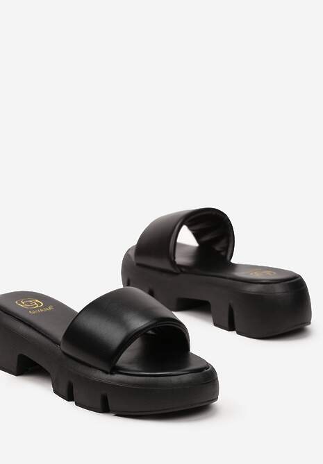 Czarne Klapki Chunky z Grubą Podeszwą i Jednolitym Szerokim Paskiem Nachinna