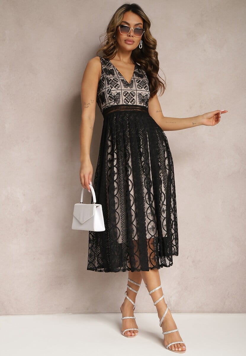 Czarna Plisowana Sukienka na Ramiączkach z Ozdobnym Wzorem i Suwakiem Mirilla