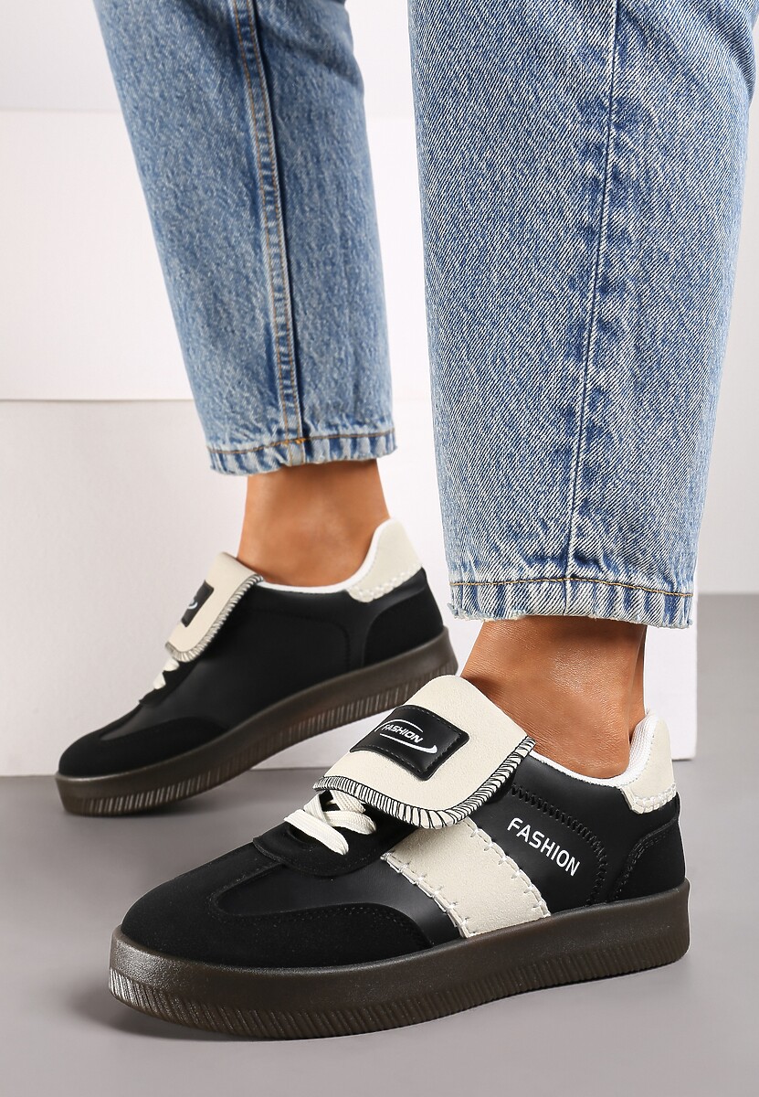 Czarne Sneakersy na Platformie z Kontrastującymi Detalami i Wywiniętym Językiem Amirila
