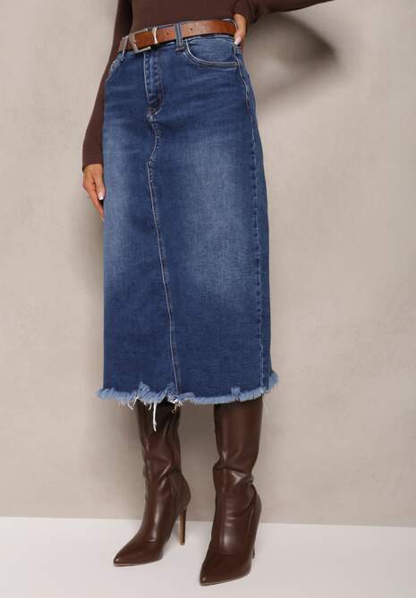 Niebieska Jeansowa Spódnica Midi z Paskiem i Ozdobnym Rozcięciem Amaias