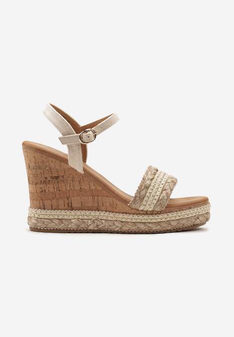 Beżowe Plecione Sandały na Koturnie z Korka z Minimalistycznymi Nitami Farasha